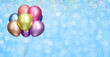 Bunch of shiny colorful balloons on blurred blue background with confetti. Empty space for text. 3d rendering