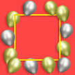 Golden frame with gold and silver balloons on red background. Empty space for text. 3d rendering