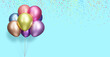 Bunch of colorful balloons on blue background with confetti. Empty space for text. 3d rendering