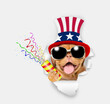 Happy Mastiff puppy wearing like Uncle Sam explodes a firecracker through the hole in white paper.  4th of July concept