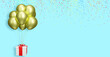 flying gift box with shiny golden or yellow balloons on blue background with confetti. Empty space for text. 3d rendering