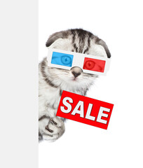 Aufkleber - Surprised kitten in the 3d glasses behind white banner and shows signboard with labeled 