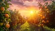 The background is a stunning sunset over the sprawling fruit orchard. As the sky turns shades of pink and orange the fruit on the . .