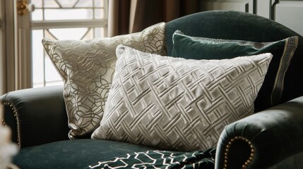 Wall Mural - In a cozy reading nook plush velvet pillows in geometric patterns of silver and gold stand out against a velvet upholstered armchair in a deep green hue. The combination of rich textures .