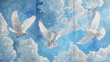 Oil painting, 3 separate panels, doves in the blue sky