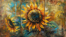 Oil Painting, 3 Separate Panels, Abstract, Sunflowers