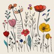 Collection of handdrawn floral doodles, displaying various wildflowers and abstract patterns, with editable lines to personalize clean background