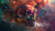 disintegrating skull in colorful smoking space