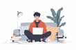 Male sitting on floor uses Internet, writes project report. Productive distant worker from home, Generative AI 