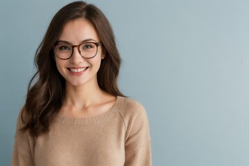 Wall Mural - Cheerful smart woman dressed in brown knitwear and glasses standing against a blue background.