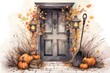 Hand drawn watercolor illustration of halloween door with pumpkins.