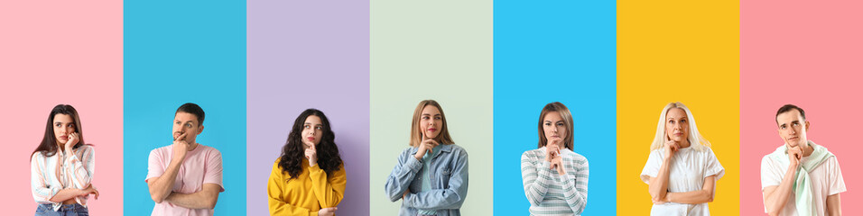 Sticker - Group of thoughtful people on color background