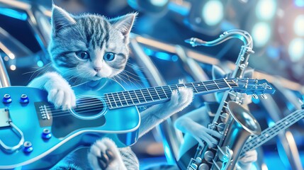 A group of kittens, dressed in miniature jazz suits, strum guitars and tap saxophones, their performance captured in swinging closeup