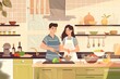 Attractive couple is cooking together organic healthy food in kitchen, Generative AI 
