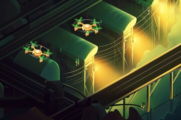 A series of drones deploy from an industrial hub, orchestrated to deliver materials precisely and swiftly, observed in coordinated closeup