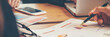 Banner Two businesspeople meeting work at office desk. Teamwork partners team with Business strategy chart graph, infographic financial report. Team partner planning excel stat report with copy space