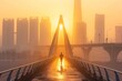 A lone runner crossing a grand bridge at sunrise, city skyline shrouded in morning mist