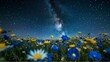 landscape with flowers meadow, a stunning night sky filled with stars and the Milky Way, casting a celestial glow over a wildflower field
