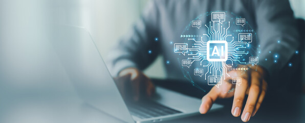 Light bulb and AI Artificial Intelligence technology digital icon for business industry analysis learning and communication system or automation robotic programming and futuristic concepts.