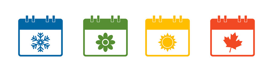 Four seasons calendar grid with symbol. Blue winter snowflake. Green spring flower. Yellow summer sun. Orange autumn leaf.