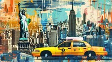 Pop Art Collage Of Iconic New York City Landmarks: The Statue Of Liberty, Empire State Building, Yellow Taxi