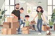 Husband and wife and their son with pet moving in new home, Generative AI 