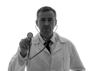 Canvas Print - Silhouette of mature doctor with stethoscope on white background, closeup