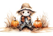 Watercolor Illustration Of A Little Scarecrow With Pumpkins Isolated On White Background