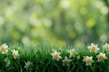 Wall Mural - Spring flowers bloom in the grassy meadow, showcasing nature's beauty