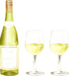 白ワインのボトルとワイングラスの水彩イラスト