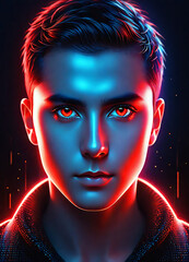 Poster -  solo, male_focus, looking_at_viewer, 1boy, red_eyes, glowing, portrait