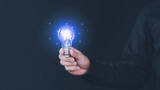 Fototapeta Na sufit - Freelancer hand holding illuminated light bulb. Creative idea, new business plan, motivation, innovation, inspiration. Energy saving light bulb. Concept of new ideas with innovation and creativity.