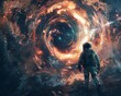 a spaceman wearing a spacesuit strolling in space, with the background featuring the black hole scene, in the black hole there are several galaxies,