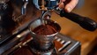 Coffee is individually ground by hand and conveyed into a portafilter deploying a grinder relaxing and space, Generative AI.