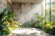 Tropical garden with sun light and shadow on concrete wall,   rendering