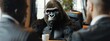 a gorilla wearing suit and tie at the office, working as an angry business leader