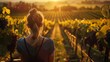 Single person in a sunlit vineyard, tasting grapes, rows of vines, closeup, bucolic summer