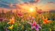 Beautiful lily flowers in the field with a sunrise sky background, dews, landscape photography, high resolution, high quality background