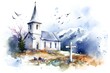 Watercolor hand drawn illustration of a church in the mountains on a white background