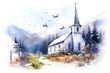 Hand drawn watercolor illustration of a church in the mountains with birds.