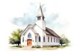 Watercolor illustration of a church in the countryside. Hand-drawn illustration.