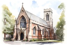 Watercolor Sketch Of The Church Of St. John The Baptist In Cambridge, England.