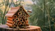 A bee flies towards to small eco-friendly house for bees, made of bamboo tubes in forest
