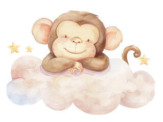 Adorable Monkey Resting on Whimsical Cloud with Twinkling Stars in Charming Watercolor