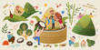 Duanwu zongzi elements of miniature people and food ingredient isolated on beige background