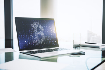 Wall Mural - creative bitcoin concept on modern laptop screen. 3d rendering
