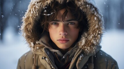 Poster - Generative AI Close-up shot of a young man, winter clothing