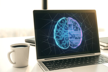 Wall Mural - modern computer display with creative human brain microcircuit. future technology and ai concept. 3d