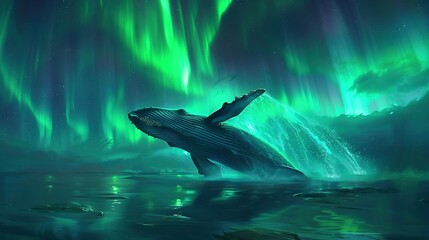 Whale breaching with dreamy aurora ,Humpback whale breaching water with breathtaking aurora shimmering on dreamy