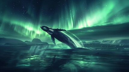 Whale breaching with dreamy aurora ,Humpback whale breaching water with breathtaking aurora shimmering on dreamy